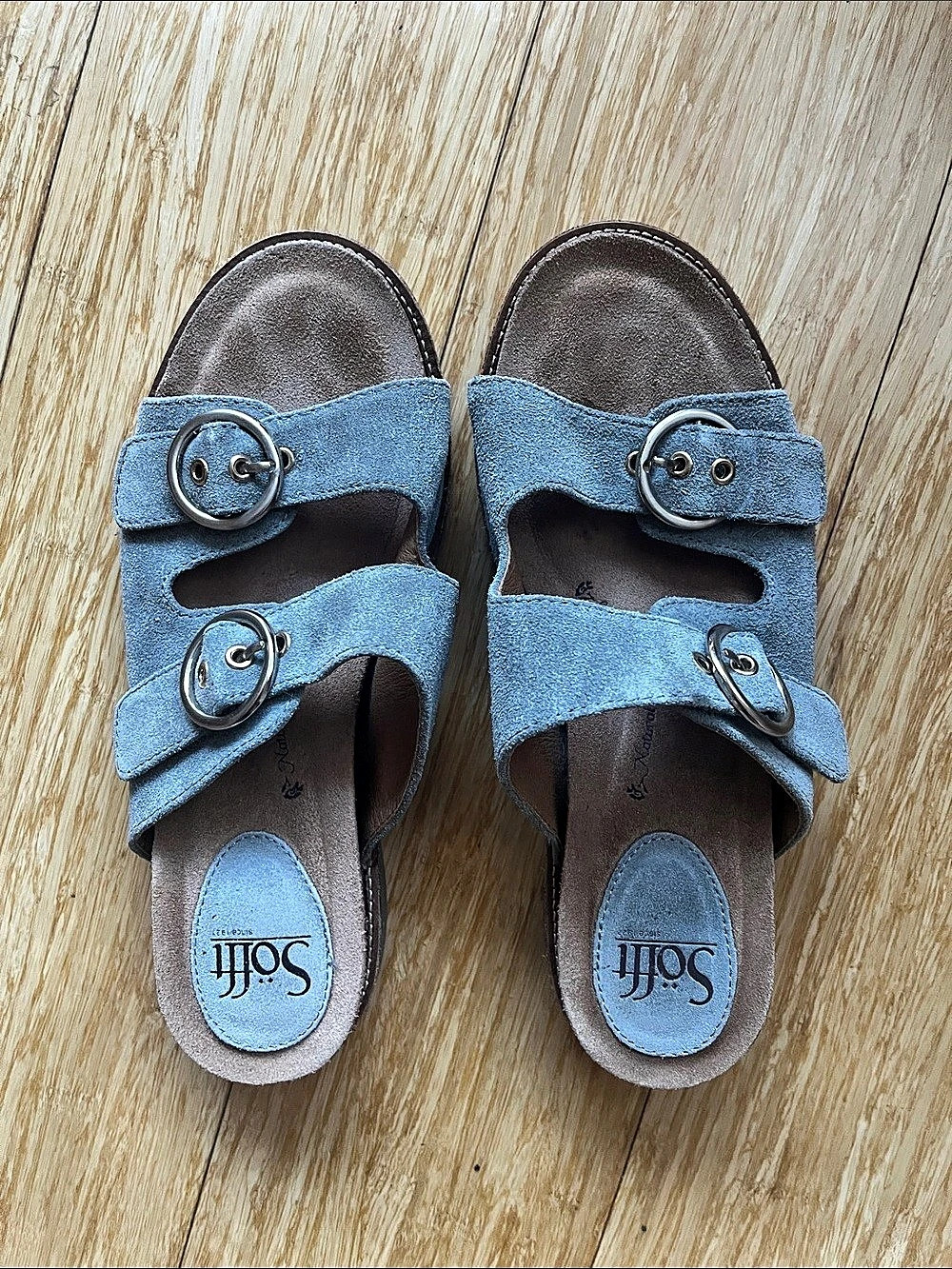 Sofft Brooklyn Suede Double-Buckle Slide Sandals Blue
